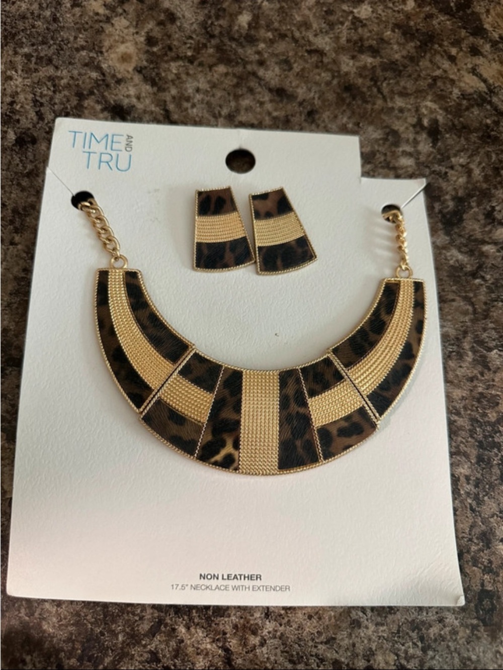 Time and Tru Gold and Leopard Collar Necklace with Matching Earrings